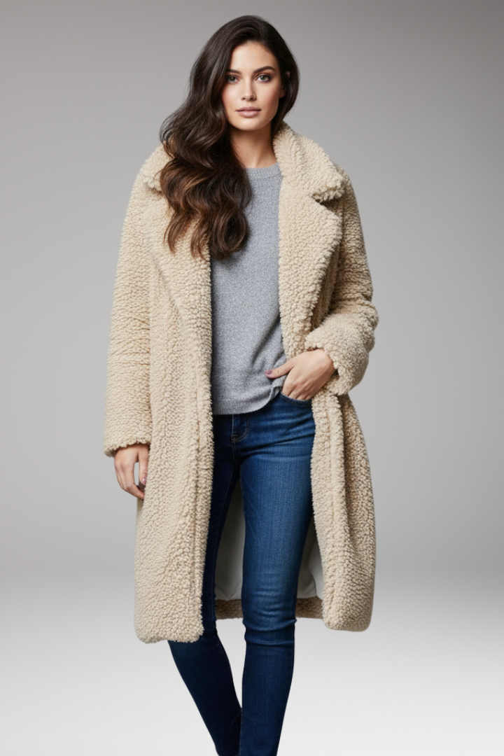 Women’s Long Coat with Lapel Collar and Textured Outer Surface
