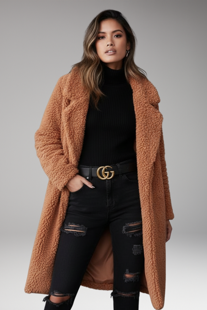 Women’s Long Coat with Lapel Collar and Textured Outer Surface