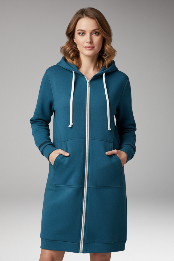 Women’s Longline Zip Hoodie with Hood and Pockets