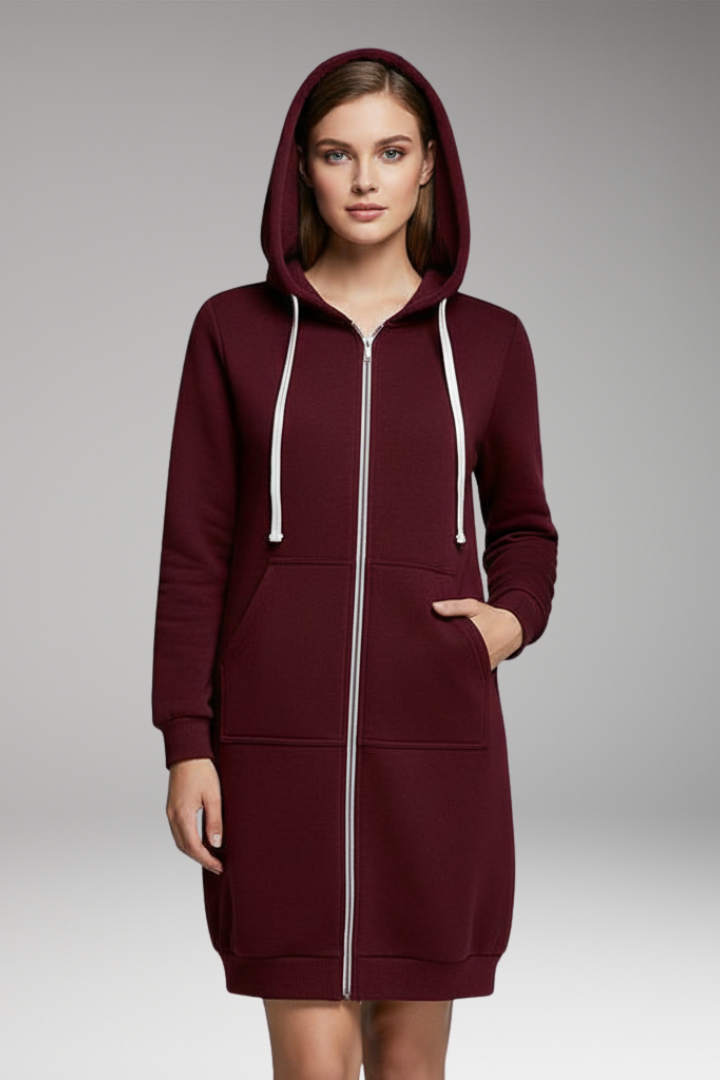 Women’s Longline Zip Hoodie with Hood and Pockets
