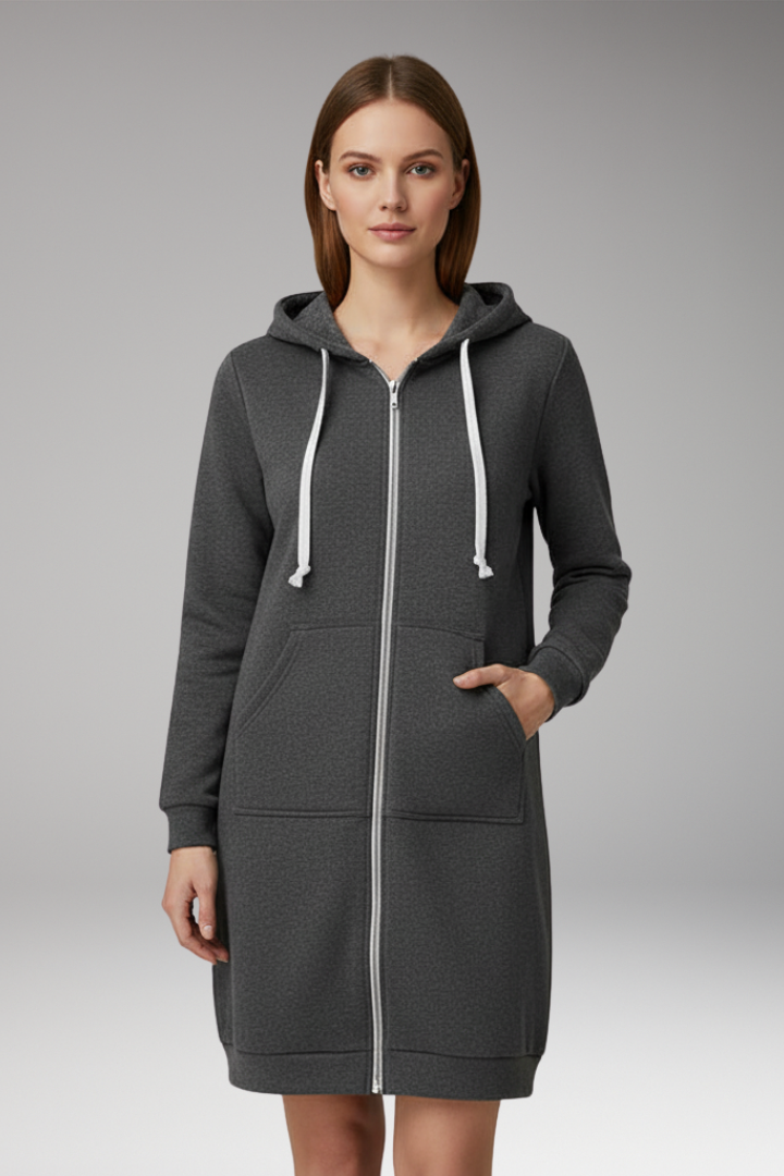 Women’s Longline Zip Hoodie with Hood and Pockets