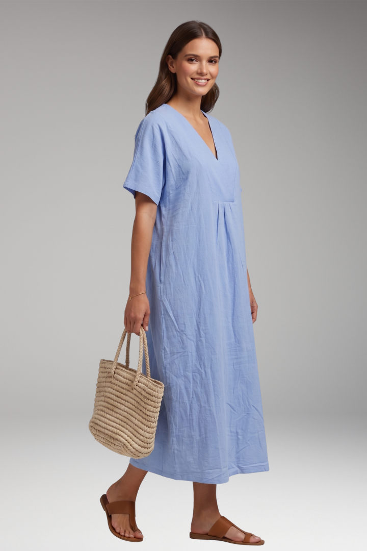 Women's Midi Dress with Short Sleeves and Textured Surface