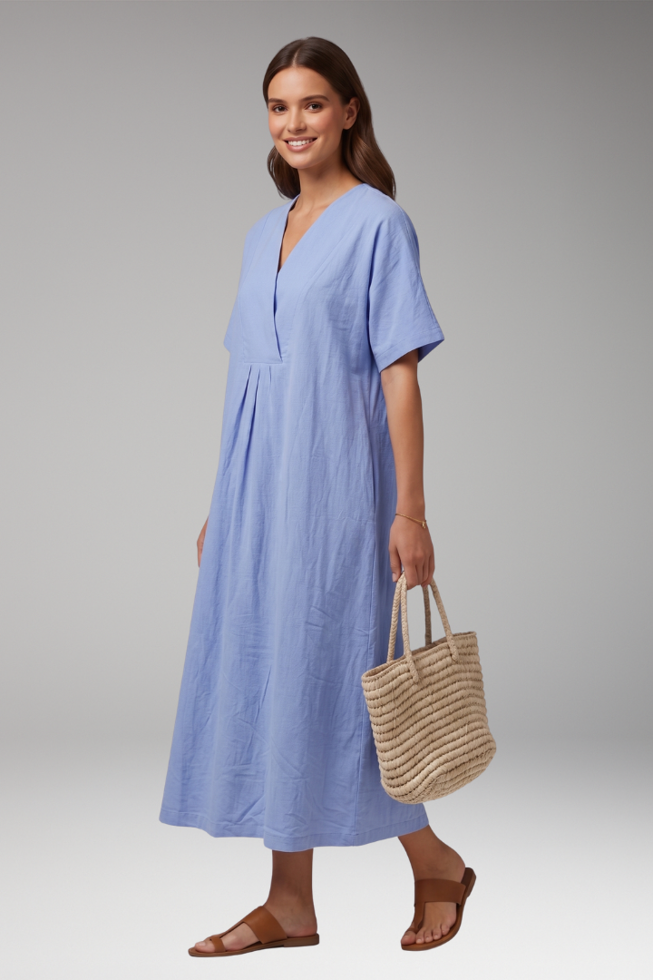 Women's Midi Dress with Short Sleeves and Textured Surface