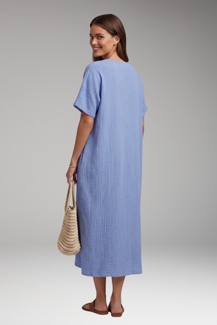 Women's Midi Dress with Short Sleeves and Textured Surface