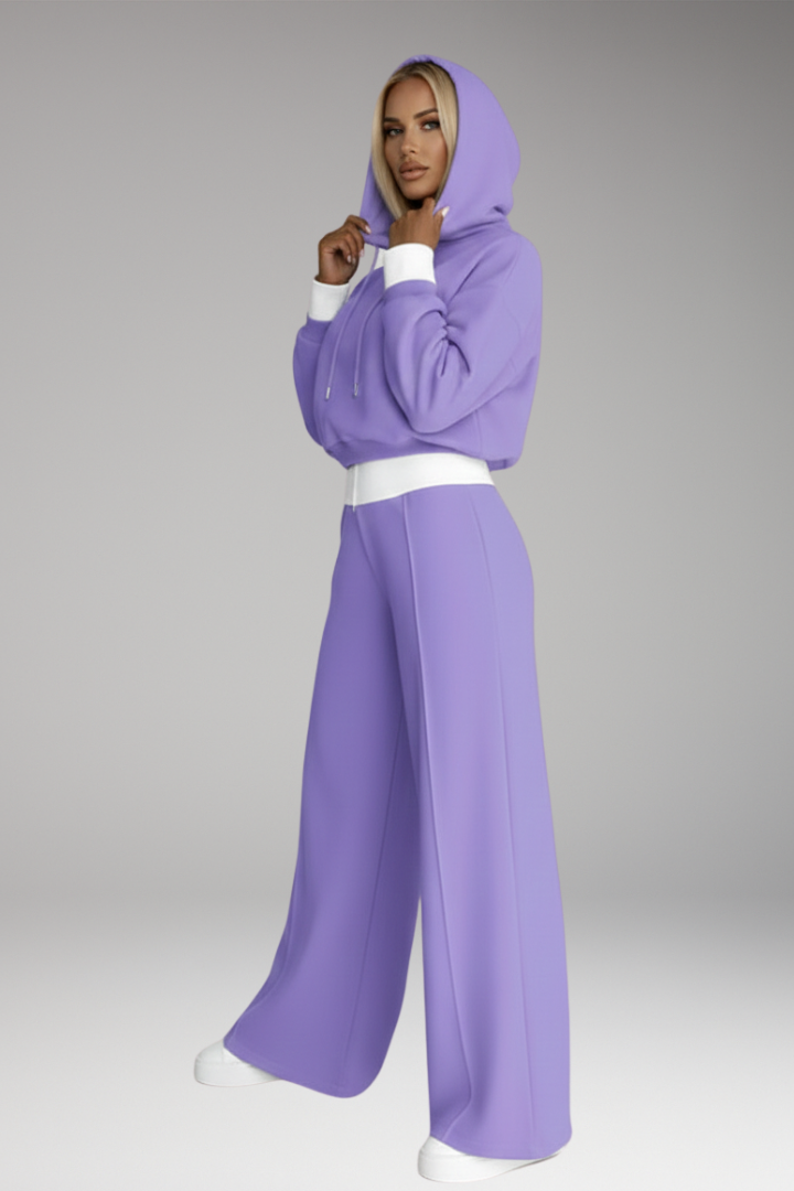 Women’s Tracksuit Set with Drawstring Hoodie and Wide-Leg Trousers