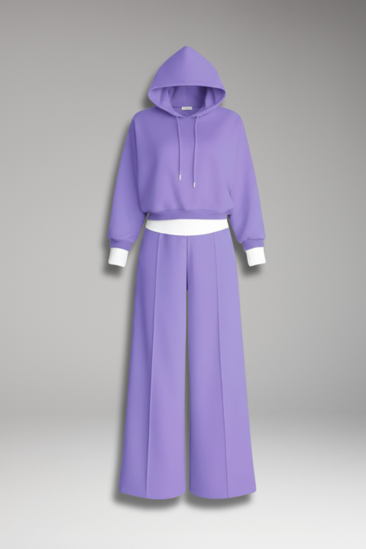 Women’s Tracksuit Set with Drawstring Hoodie and Wide-Leg Trousers