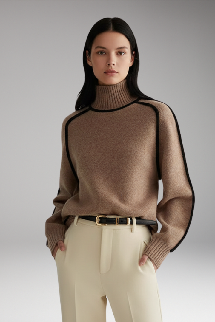 Women’s Turtleneck Jumper with High Collar and Piping Detail
