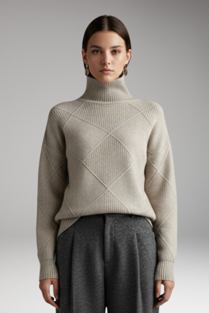 Women’s Turtleneck Jumper with Ribbed Cuffs and Textured Knit