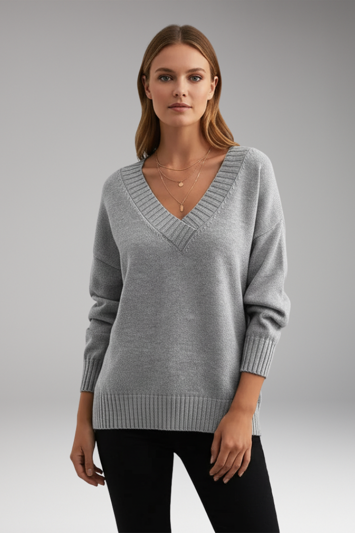 Women’s V-Neck Jumper with Ribbed Trim and Knit Design