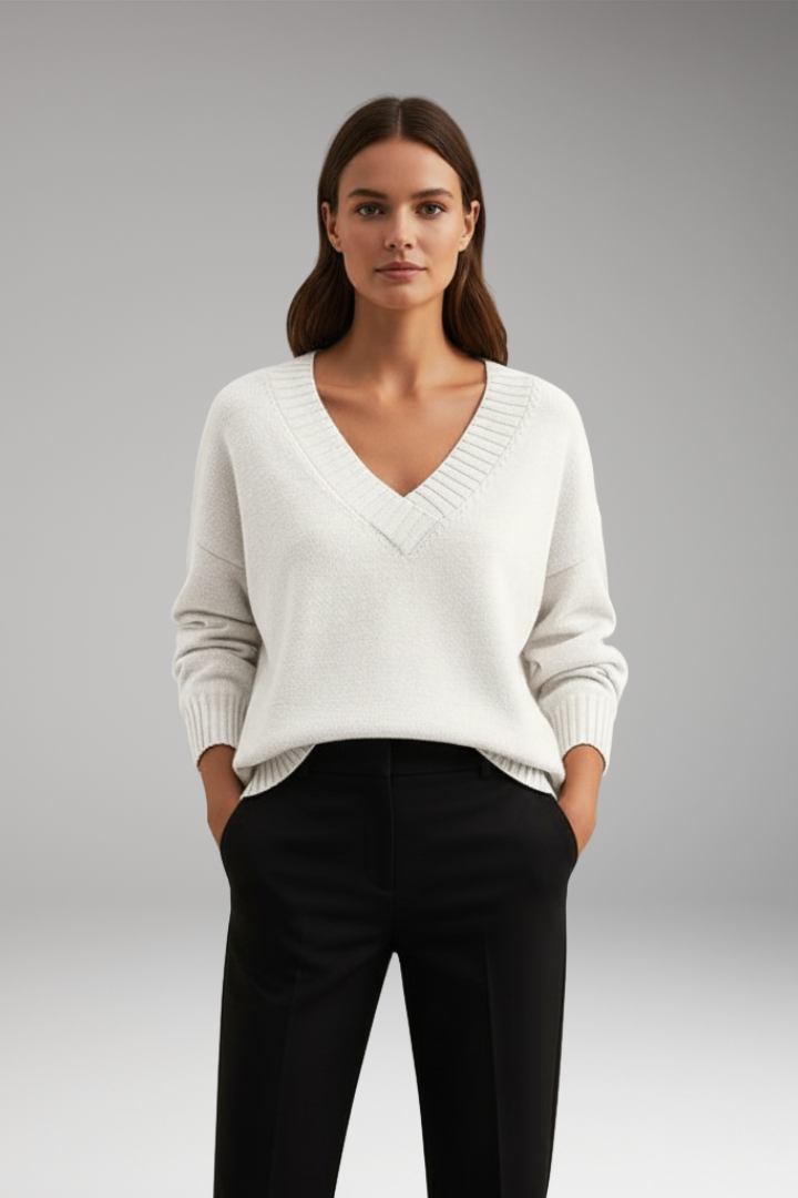 Women’s V-Neck Jumper with Ribbed Trim and Knit Design