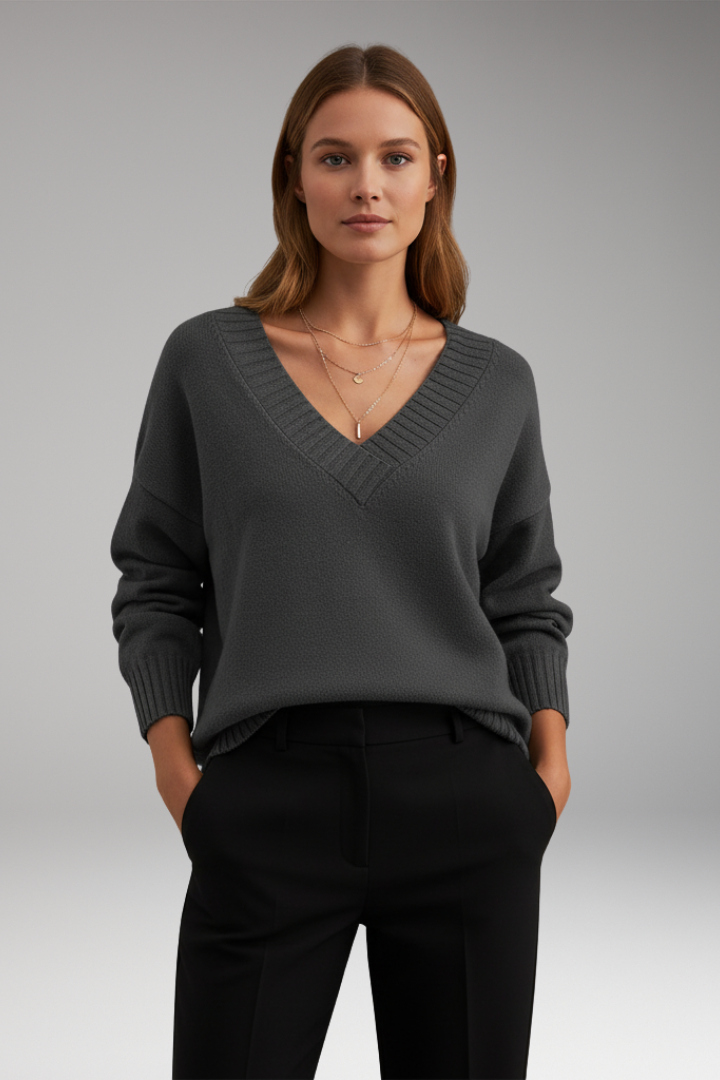 Women’s V-Neck Jumper with Ribbed Trim and Knit Design