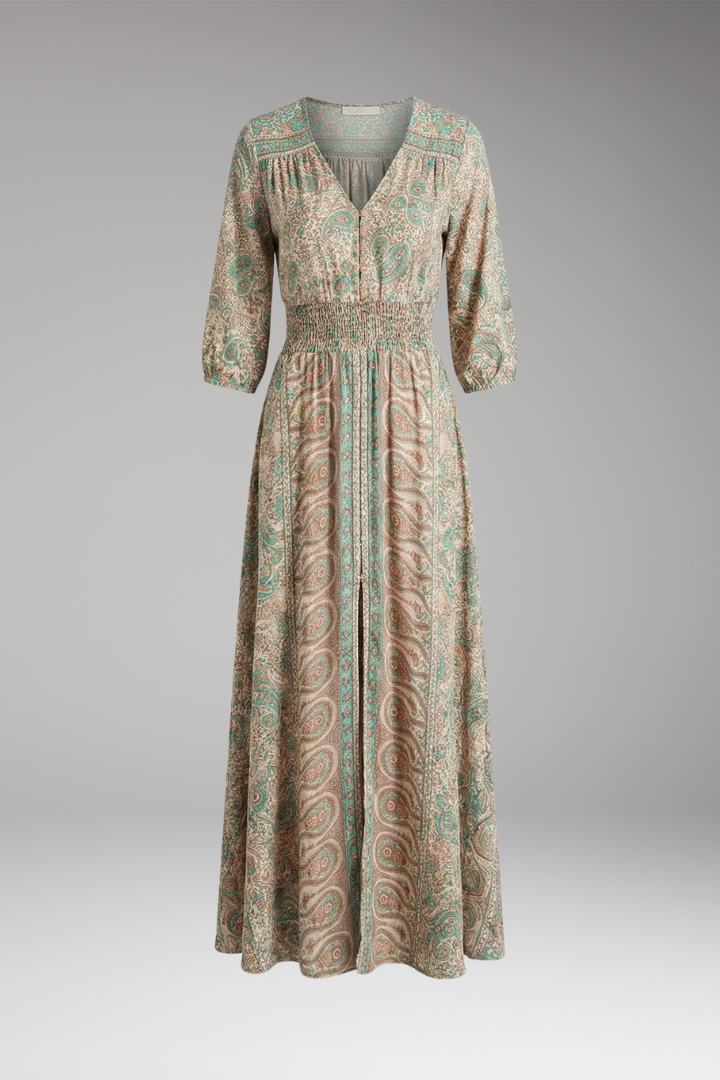 Women's Bohemian Print Dress with V-Neck and Relaxed Fit