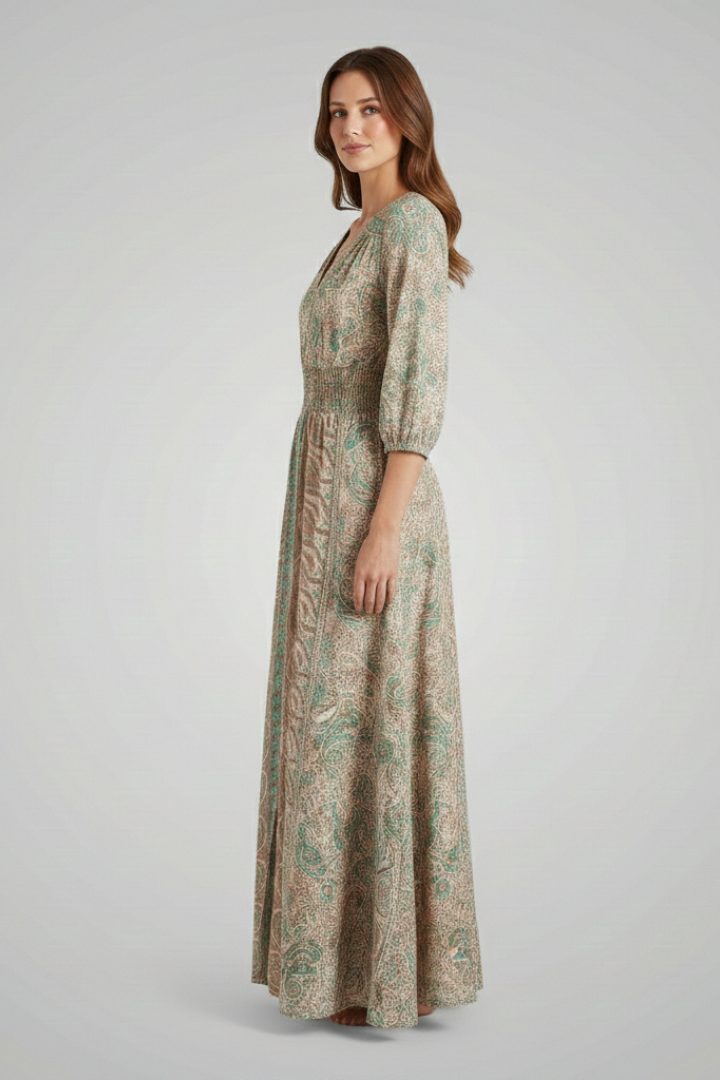 Women's Bohemian Print Dress with V-Neck and Relaxed Fit