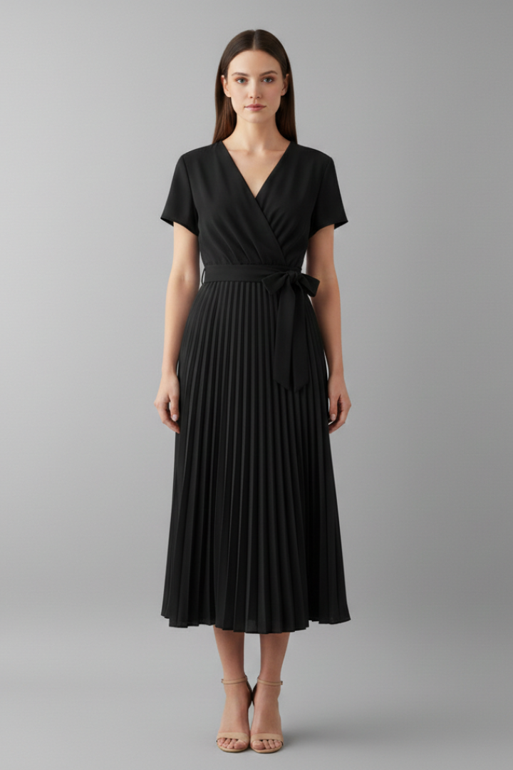 Women's Knee-Length Pleated Dress with High Waist and V-Neck