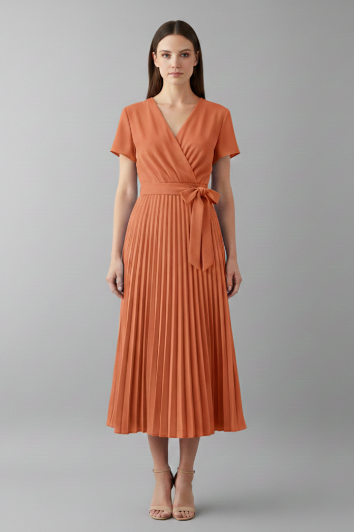 Women's Knee-Length Pleated Dress with High Waist and V-Neck