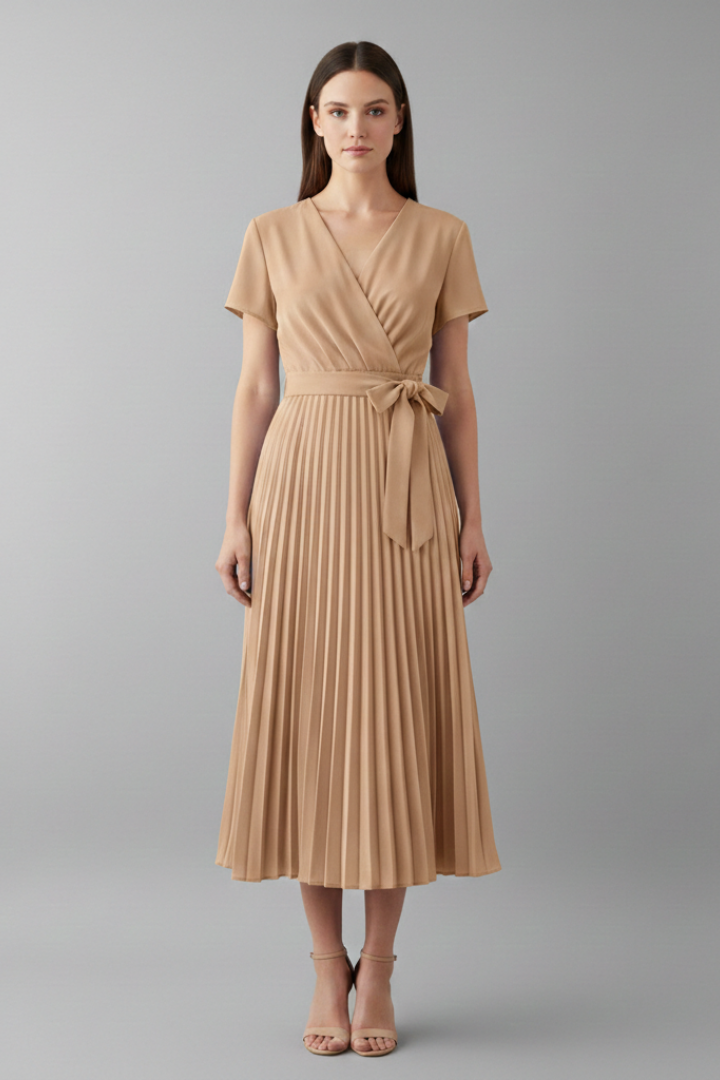 Women's Knee-Length Pleated Dress with High Waist and V-Neck