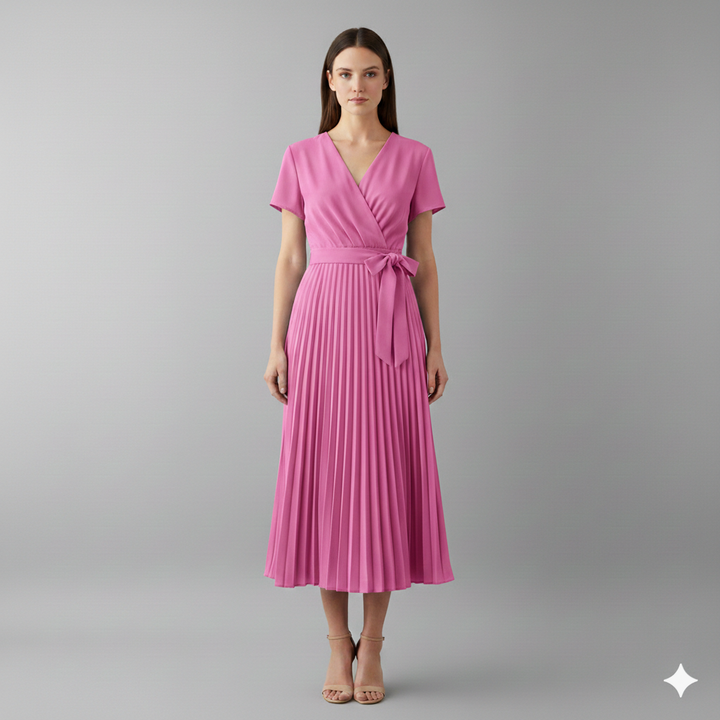 Women's Knee-Length Pleated Dress with High Waist and V-Neck