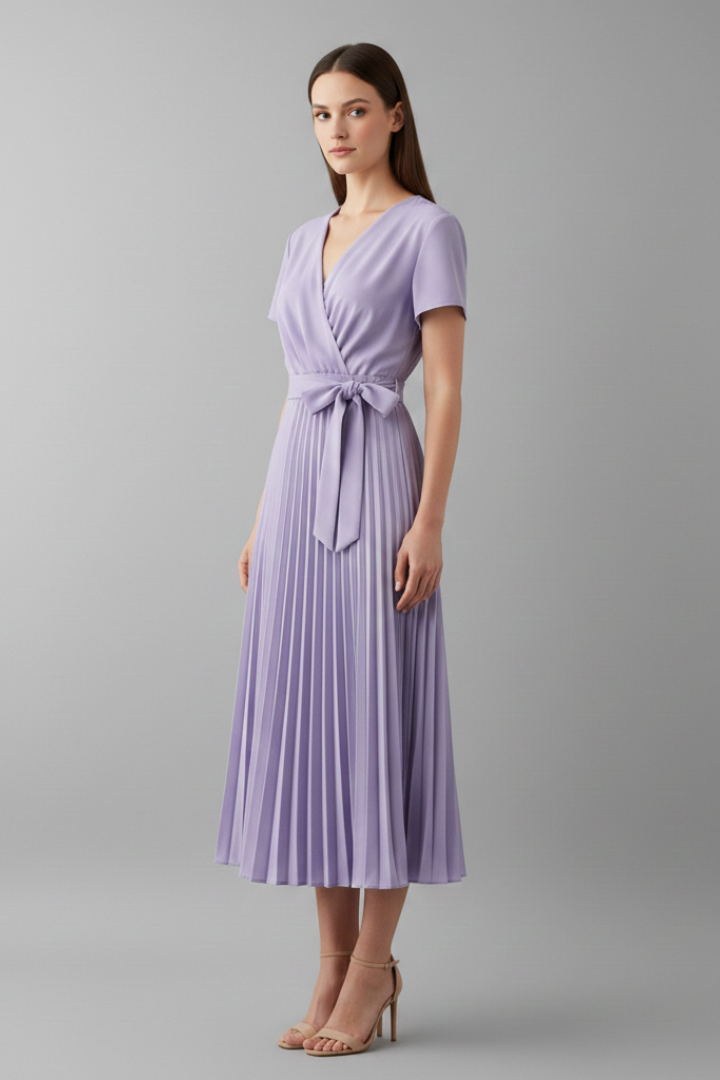 Women's Knee-Length Pleated Dress with High Waist and V-Neck