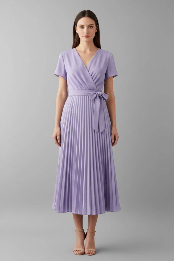 Women's Knee-Length Pleated Dress with High Waist and V-Neck