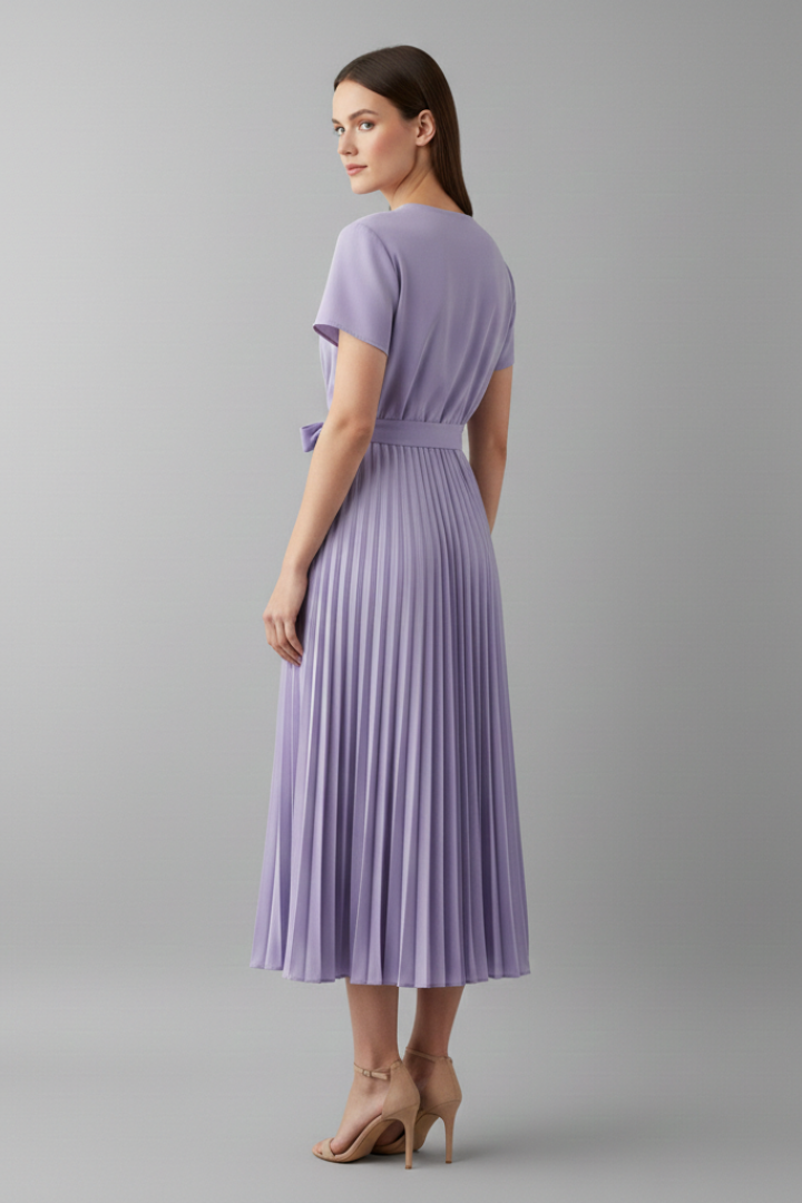 Women's Knee-Length Pleated Dress with High Waist and V-Neck