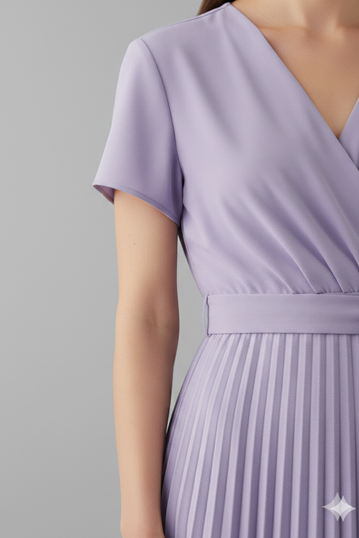 Women's Knee-Length Pleated Dress with High Waist and V-Neck
