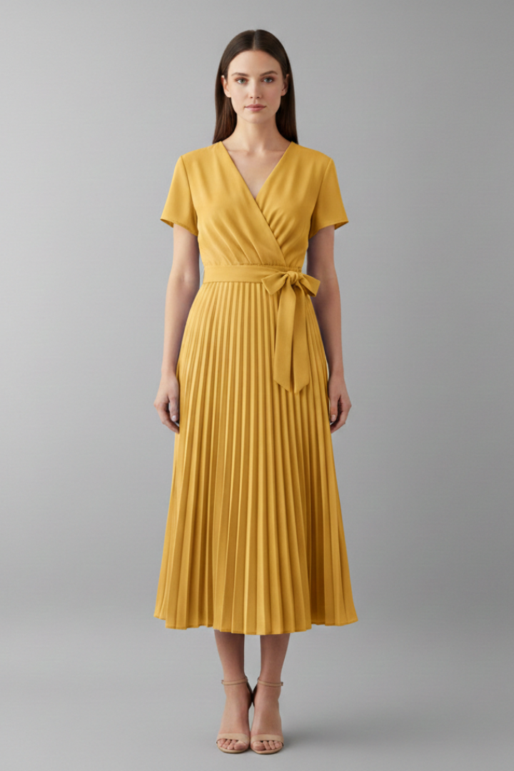Women's Knee-Length Pleated Dress with High Waist and V-Neck